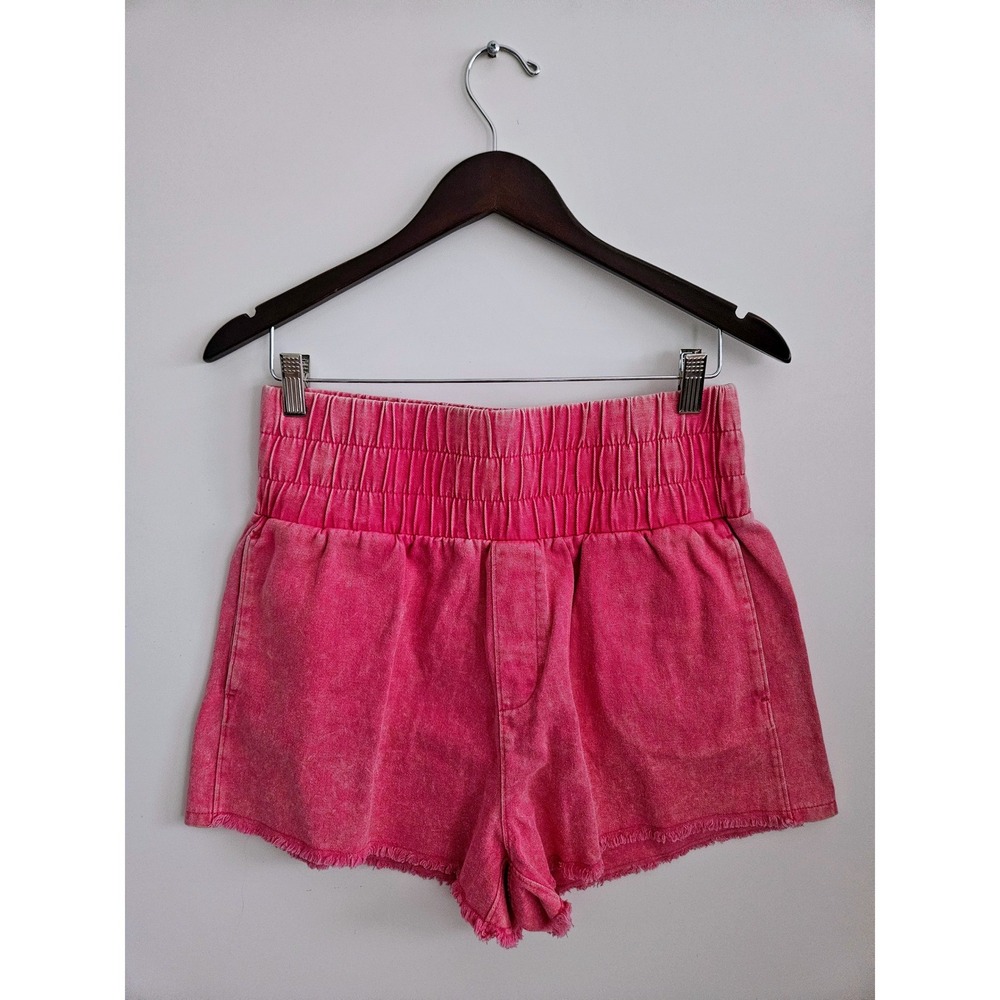 Very J Denim Shorts Womens L Pink NEW Acid Wash Smocked High Rise‎ Frayed Boho